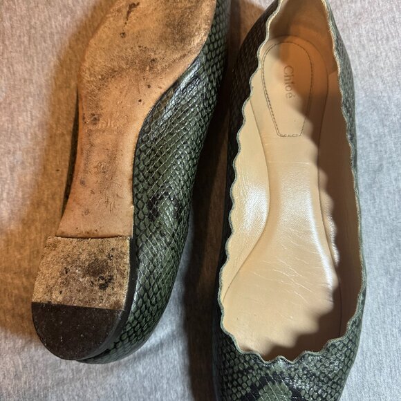 Chloe Green/Glack Python Embossed Leather Lauren Scallop Ballet Flats - Picture 8 of 11